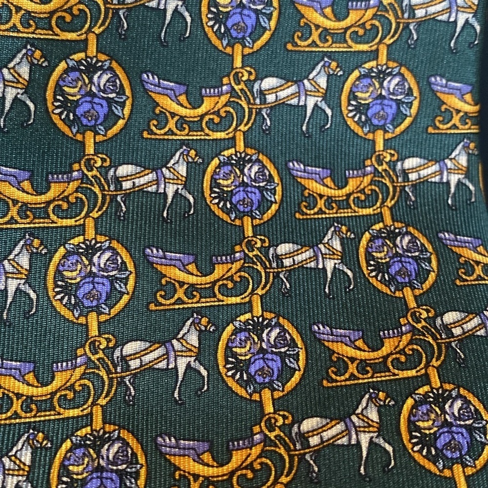 Lancel Paris Silk Tie Hand Made Green Gold Horse Carriage Print